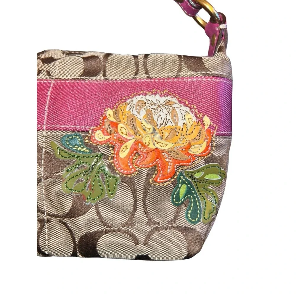 Coach Khaki Pink Signature C Rare Floral Appliqué Canvas Shoulder Bag 41420 Y2K